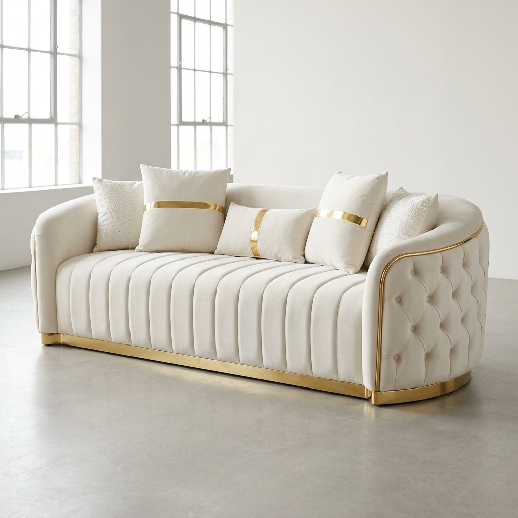 Sofá Curvo Marfil Capitoné con Base Dorada, Sofás de Diseño